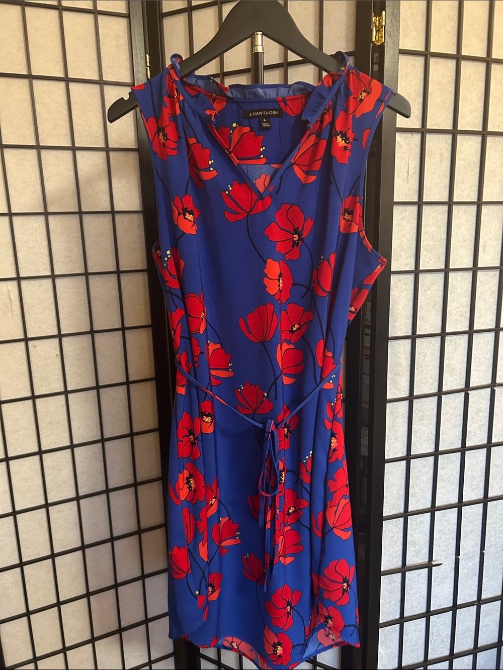 41 Hawthorn Sz L Blue dress with Red Poppies and Belted Waist